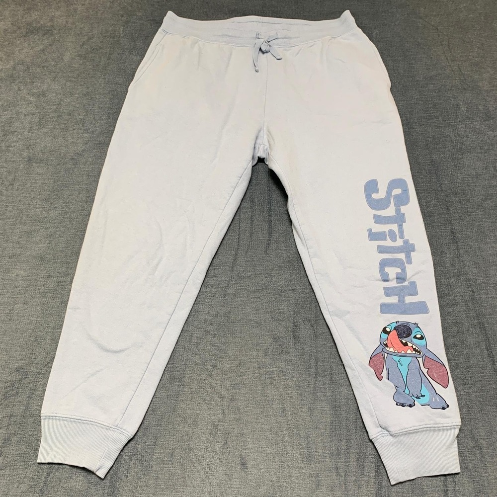 Disney Sweatpants Women L 11-13 Blue Stitch Logo Cotton Fleece Lined Tapered Leg